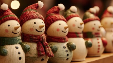 Festive snowman figurines with red and green knitted hats and scarves display