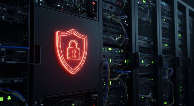 Secure Server Data Protection - Data security, server protection, cyber shield, network safety, fortress. Illustrates secure data storage and strong protection measures
