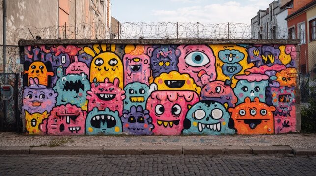 Colorful Monster Graffiti Art on Urban Wall Fun Cartoon Characters Street Art - Powered by Adobe