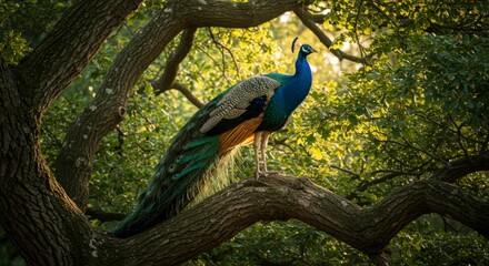 Fototapeta premium Majestic peacock perched on oak branches bathed in sunlight