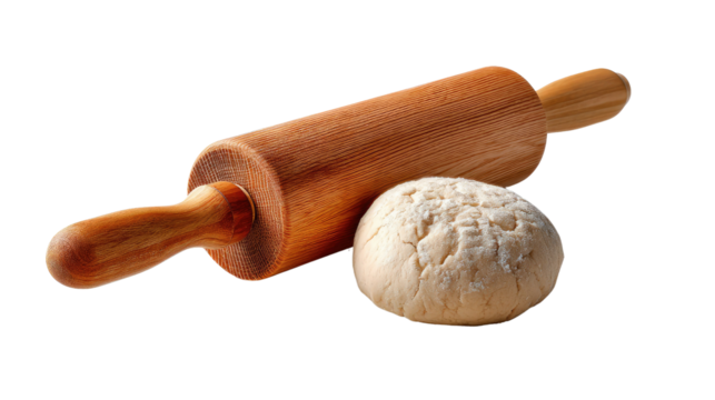 Rolling Dough: Capturing the essence of traditional baking, a classic rolling pin rests beside a fresh, inviting ball of dough.
