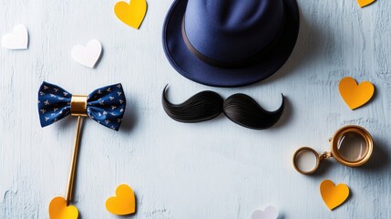 Father's Day Light Blue Textured Design, Dark Blue Hat with Black Mustache & Blue Patterned Bow Tie, Gold Monocle Accent, Scattered Yellow White Hearts, Minimalist Corporate Event Poster