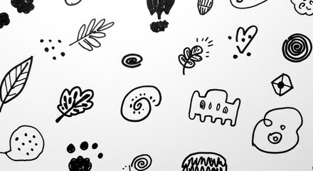 Fototapeta premium Simple Black and White Doodle Pattern - A cheerful pattern of hand-drawn black doodles on a white background, featuring leaves, swirls, and abstract shapes. Perfect for backgrounds, textiles