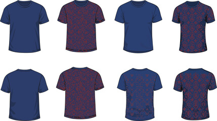 Illustration of different t-shirt mockups showing front and back views in solid color and pattern options Great for fashion design and presentation.
