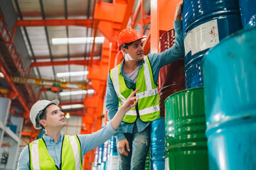 Engineers inspecting documents in heavy industrial warehouse surrounded by chemical barrels,...