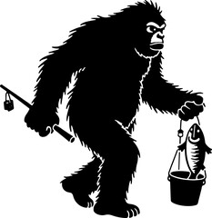 Bigfoot Silhouette Fishing with Catch  on white background