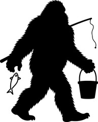 Fototapeta premium Bigfoot Silhouette Fishing with Catch on white background