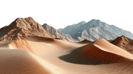 Desert Majesty: A dramatic landscape showcasing the raw beauty of a desert, with rolling sand dunes leading to majestic mountains. The dunes appear as a golden expanse bathed in soft light.