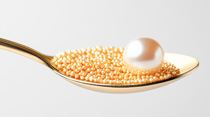 A shiny pearl rests on a golden spoon filled with tiny gold beads, set against a white background.
