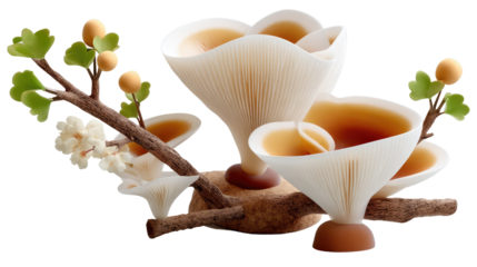 Abstract mushroom art: A stylized representation of delicate mushrooms, accented with organic elements, embodies a blend of fantasy and organic beauty.