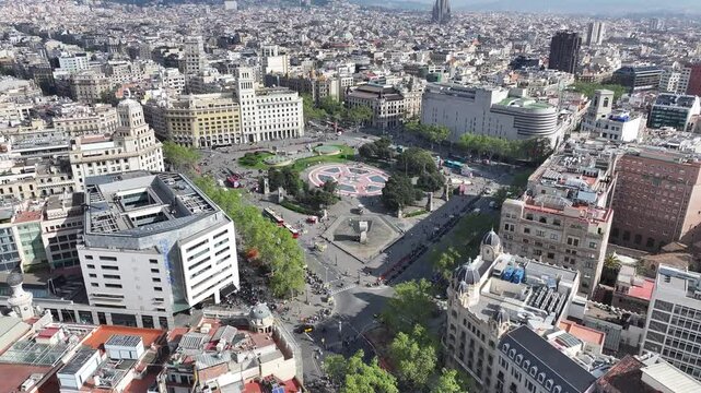 Catalonia Square At Barcelona Barcelona Province Spain. Aerial View Of Lush Green Park And Surrounding Buildings. Business Sky Background Downtown Cityscape. Outdoors Downtown Panoramic.