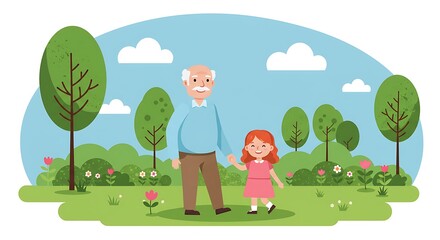 Obraz premium Grandfather and Granddaughter Walking in a Sunny Park