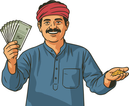 Indian farmer with money and grains vector illustration