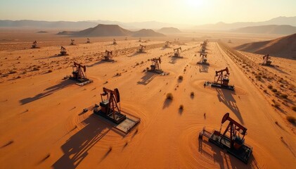 Aerial view of numerous oil wells in desert landscape , land, earth