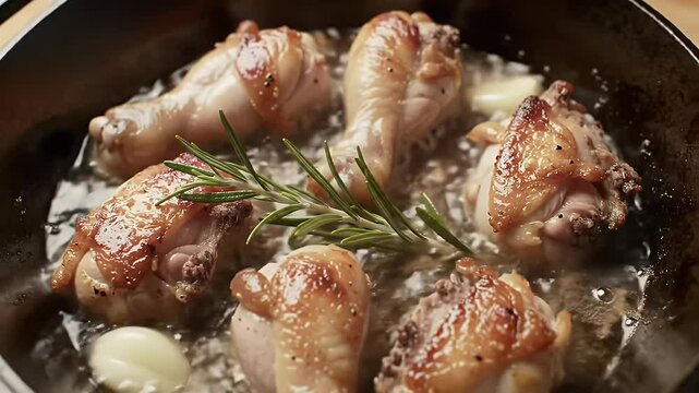 Chicken Drumsticks Cooking in Garlic Oil with Rosemary &ndash; Close-Up Shot