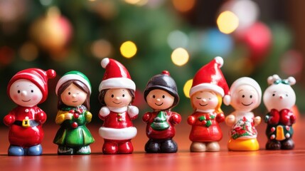 Festive Christmas Character Figurines Displayed with Holiday Tree Lights Background