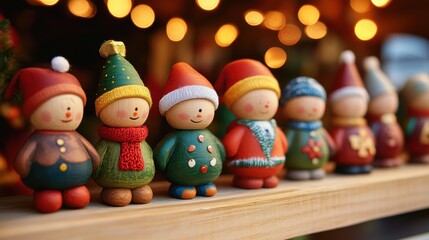 Christmas figurines of wooden elf toys on a shelf with festive blurred lights