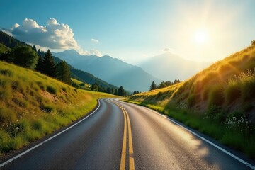 Asphalt road curves gently through a sun-drenched landscape, ideal for cycling , calm, bicycle