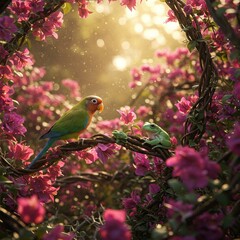 A parakeet and frog climb through flowering branches, every leaf shining, birdsong echoing, and jungle light bursting in warm joy.