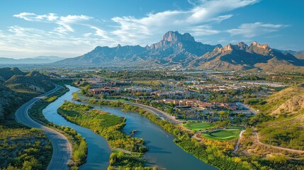 Expansive valley view with winding river and mountain range.