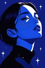 Stylized portrait of young asian female with blue lighting and stars