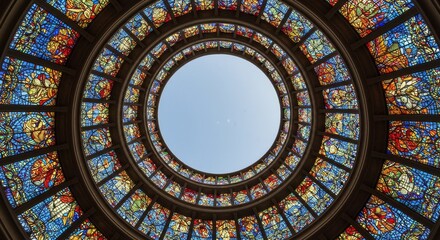 Fototapeta premium Stained Glass Rotunda Skylight - A stunning spiral of vibrant stained glass windows encircles a central skylight, bathing the interior in colorful light