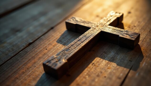 Close-up of a crucifix on a wooden surface, bathed in soft light , antique, cross, christianity