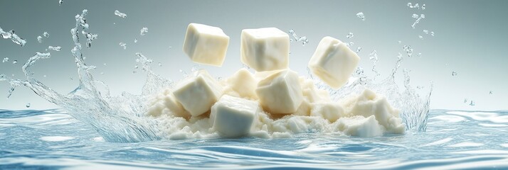 Dynamic Splash of Silken Tofu: Artistic 3D Rendering for Gourmet Food Advertisement. Blue and White Abstract Commercial Background Showcasing Water Droplets and Motion. High-Resolution Blender Creatio