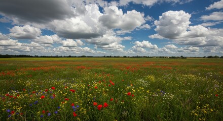 Obraz premium Summer Meadow Landscape - Vibrant wildflowers bloom across a vast meadow under a partly cloudy sky