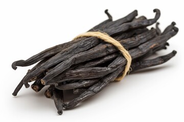 Bundle of Dried Aromatic Vanilla Beans Tied with Twine on White Background