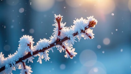 Close-up shot of glistening snow crystals on a frosty branch, winter olympics theme , white, texture