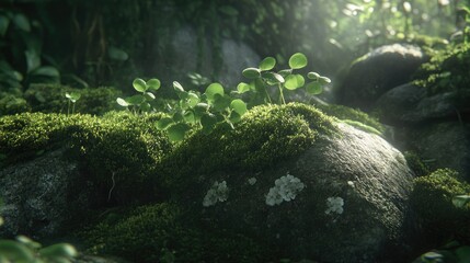 Lush forest floor with moss and small plants.
