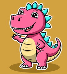 A cute pink dinosaur strikes a welcoming pose, as if inviting someone in. Cartoon vector style with clean lines, bright colors, and friendly expression.