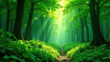 Obraz premium Dense forest, sunlight filtering through leaves, lush green canopy , tranquil, vibrant, green