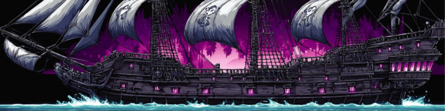 Epic Detailed Vector Illustration of Haunted Pirate Ship Sailing on Mysterious Ocean at Night with Skulls on Sails Glowing Windows Gothic Fantasy Design Background