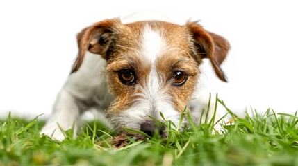 Cute Terrier Dog Chewing on a Stick in Green Grass