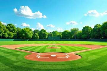 Empty baseball field on a sunny day, green grass and brown dirt Baselines, pitcher's mound visible , traditional, empty, grass