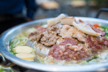 Moo Ka Ta griiled pork Thai style. Close up