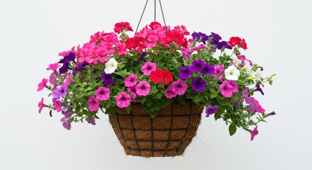 Vibrant Hanging Basket of Flowers - A beautiful hanging basket overflowing with pink, purple, and white petunias and geraniums. Perfect for adding color to any space