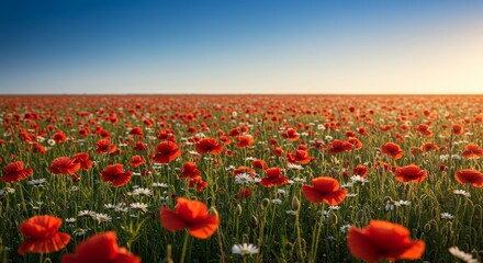 Fototapeta premium Vibrant Poppy Field at Sunset - A breathtaking view of a vast field brimming with vibrant red poppies, interspersed with delicate white flowers, bathed in the warm glow of the setting sun
