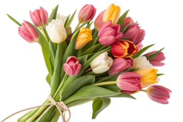 A colorful bouquet of tulips tied with a ribbon featuring pink yellow and white blooms with green leaves on transparent background