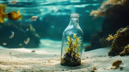 Submerged Glass Bottle Ecosystem Underwater Marine Environment Sea Life Nature Conservation Artistic Dreamlike Aquarium Inspiration Oceanic Preservation Still