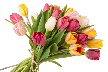 Obraz premium A vibrant bouquet of tulips featuring pink yellow red and white blooms tied with a rustic twine bow detail on transparent background