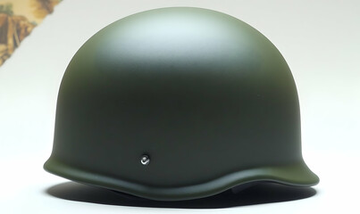 Olive drab helmet, smooth texture, sits on a white surface with a soft background