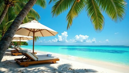 Fototapeta premium Luxury umbrella resort on tropical beach, turquoise water, swaying palm trees , sunshine, travel, tranquil