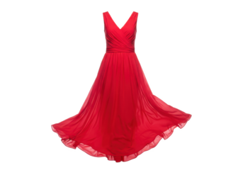 Elegant red dress flowing freely isolated on transparent background