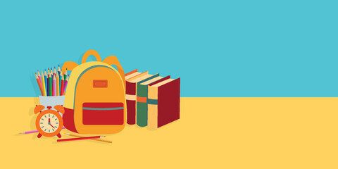 Colorful backpack with alarm clock books pensils school equipment. Back to school concept on blue and yellow background Copy space for text Vector illustration