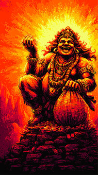 Vibrant Vector Illustration of Laughing Kubera Hindu Deity of Wealth Sitting on Treasure with Golden Coins Spiritual Prosperity Symbolic Art Design for Abundance