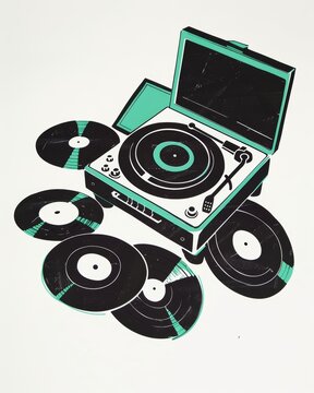 Retro Turntable and Scattered Vinyl Records