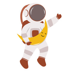 Friendly Astronaut Cradling a Smiling Crescent Moon